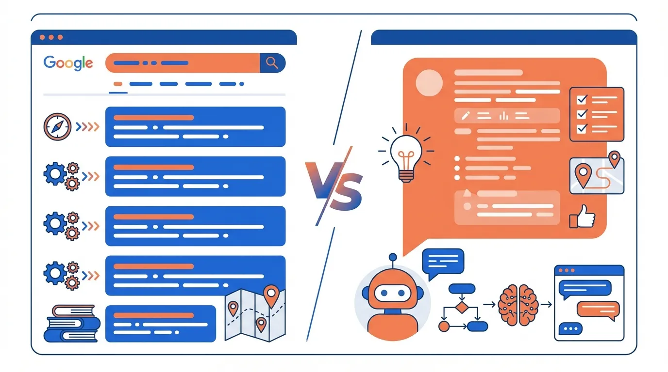 従来のSEO検索結果とAI検索の回答を比較するイメージ