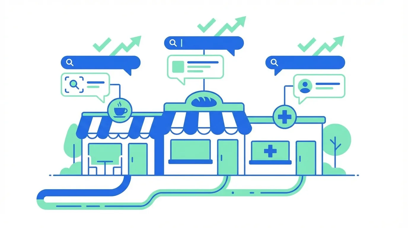 カフェやベーカリーなど地域の中小企業がAI検索で推薦されるイメージ