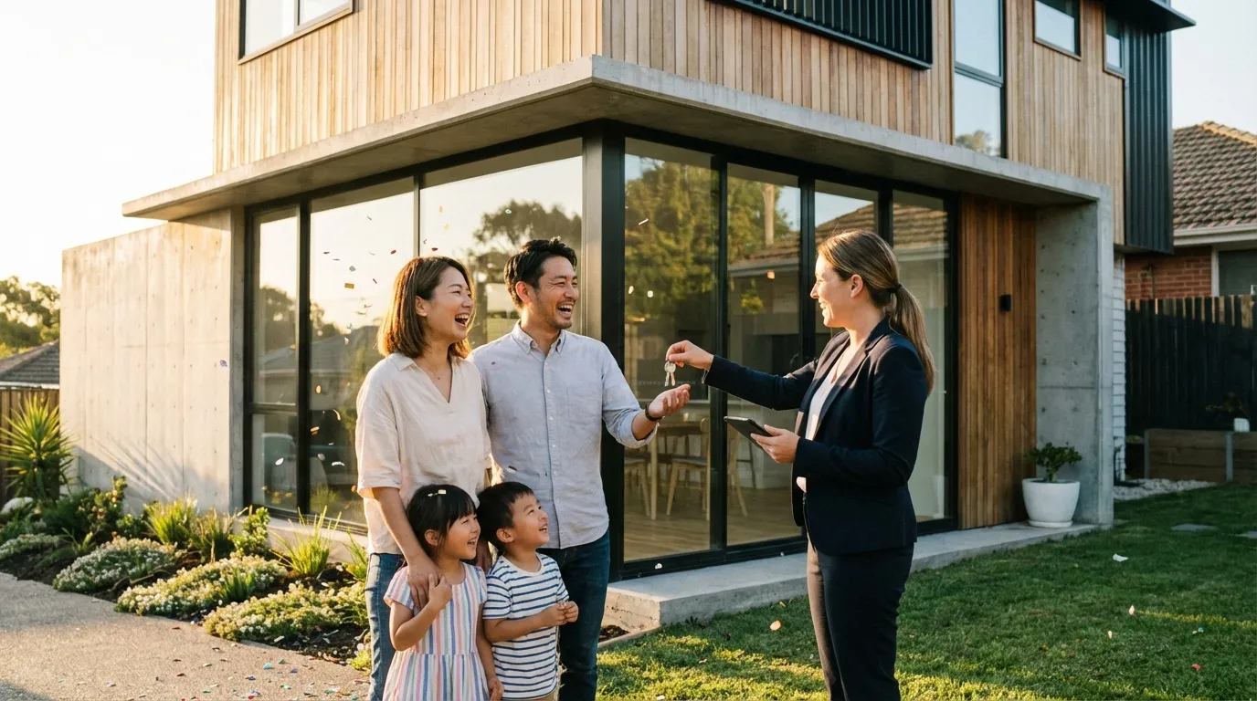 新居の鍵を受け取る家族