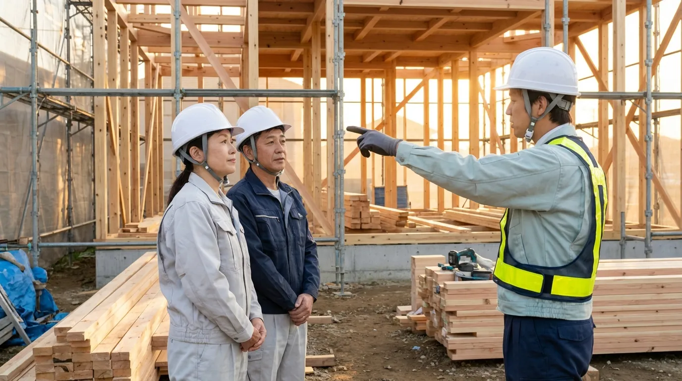 建築現場を見学する夫婦