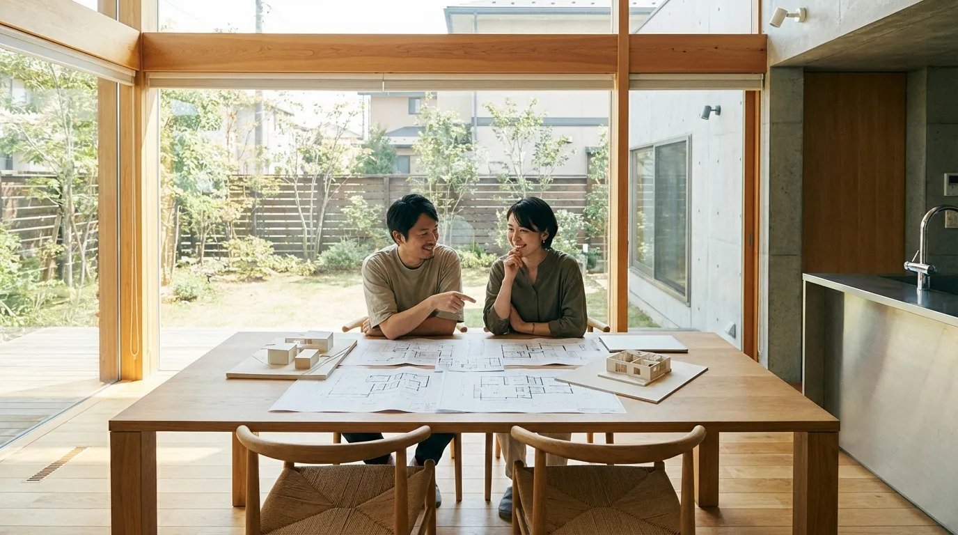 設計図を確認する夫婦