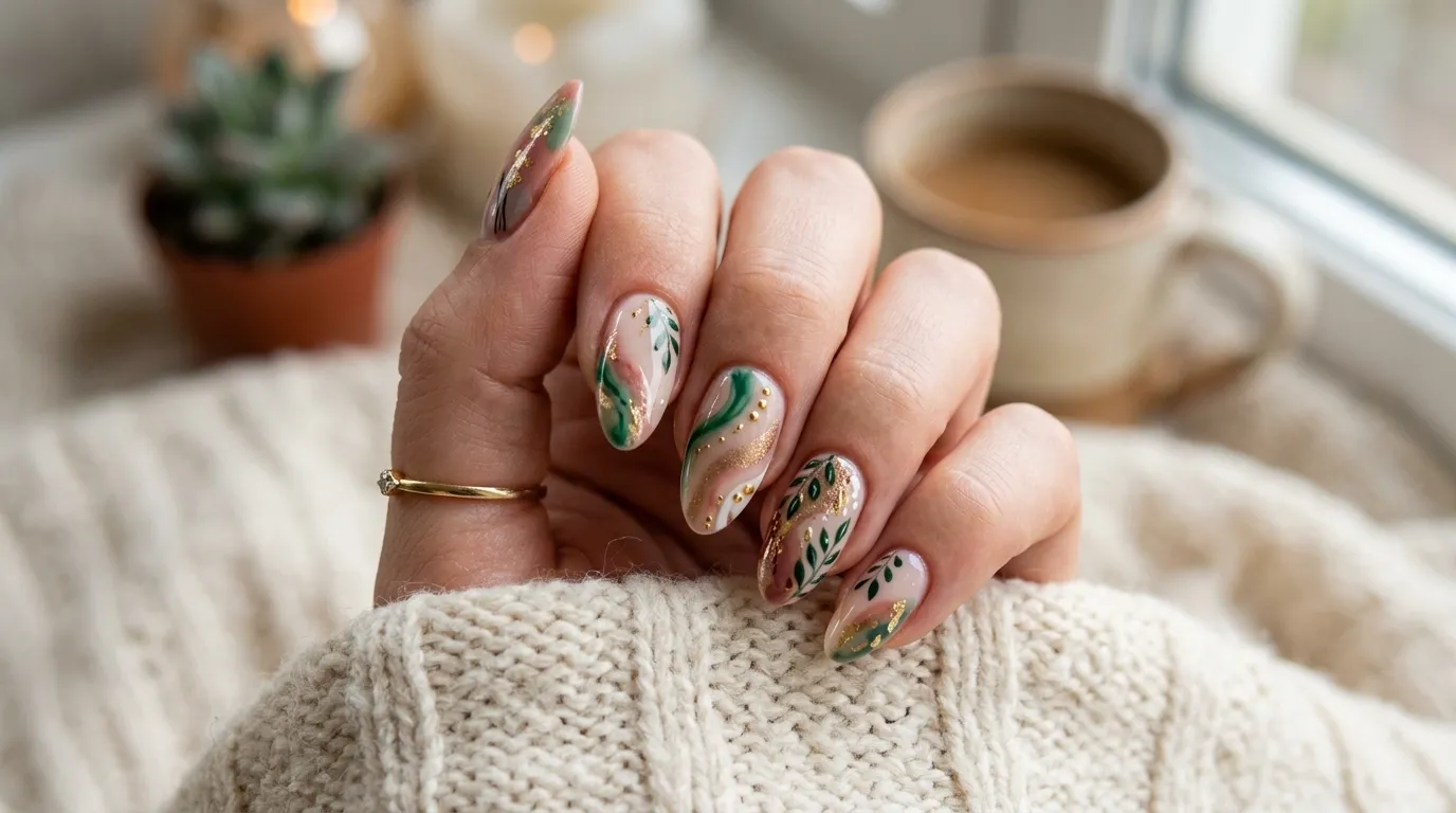 ボタニカルグリーンのネイルアート
