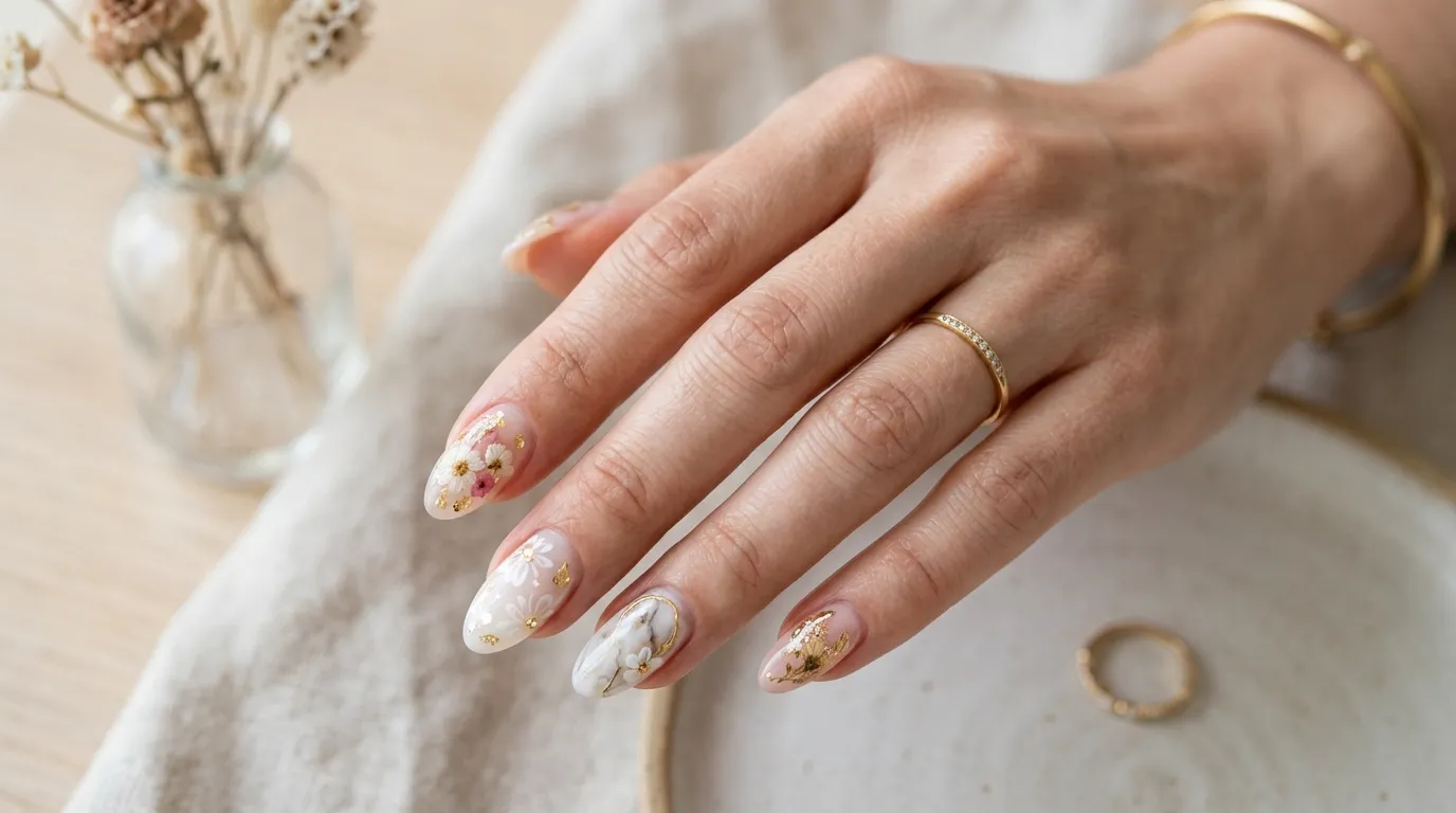 花とゴールドを組み合わせたネイルアート