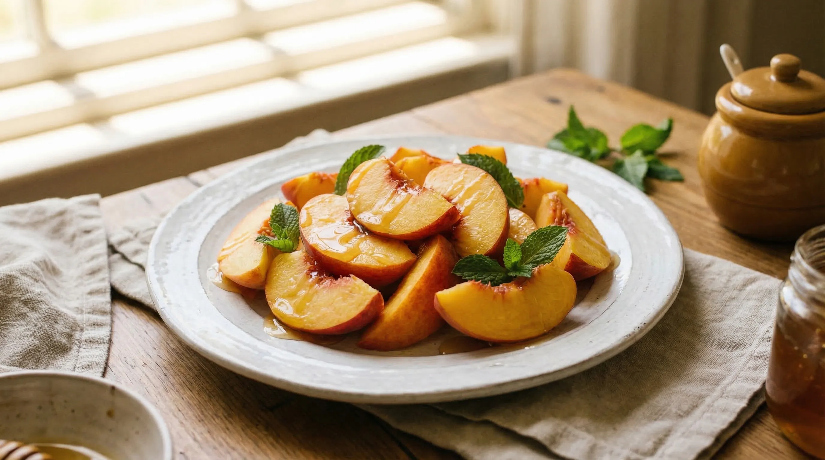 スライスした桃とハチミツ