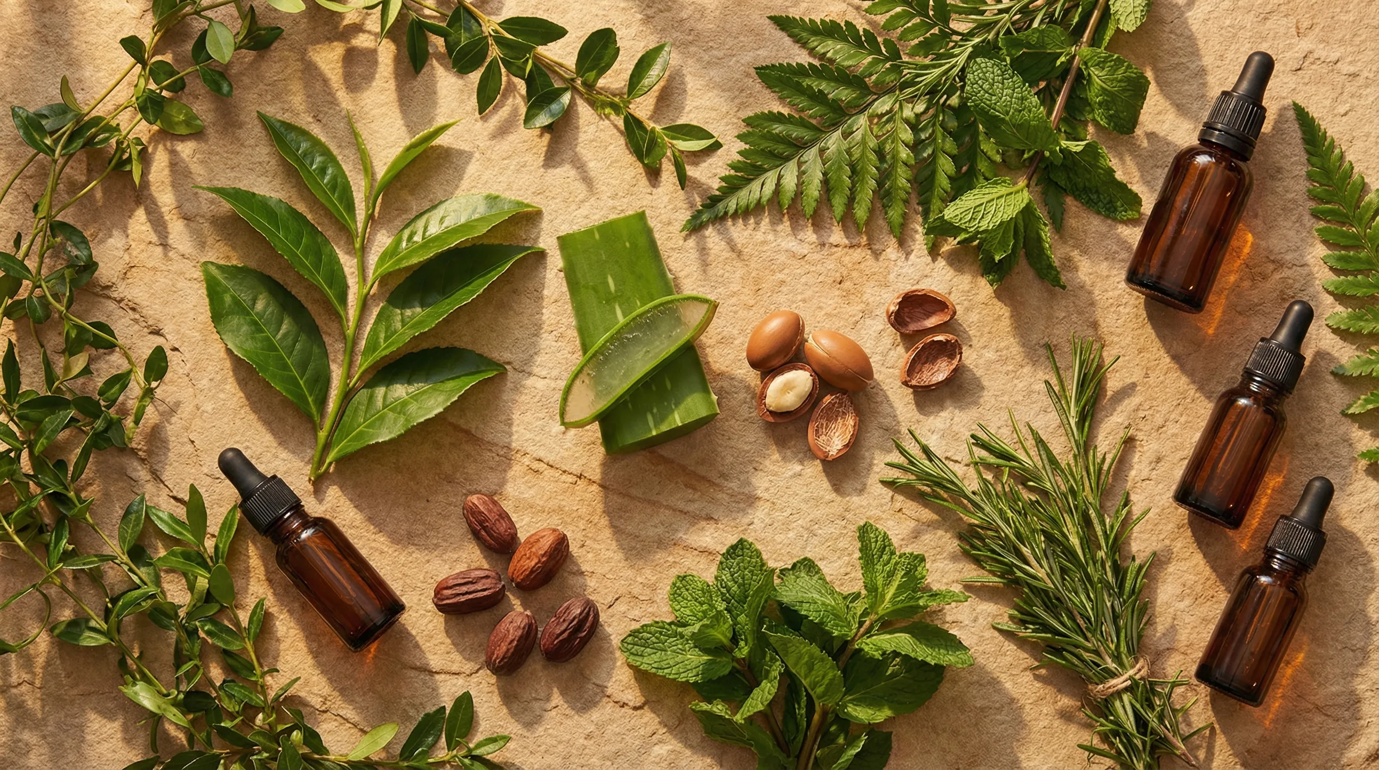 アロエ、アルガンナッツ、茶葉などヘアケアの天然素材とエッセンシャルオイル