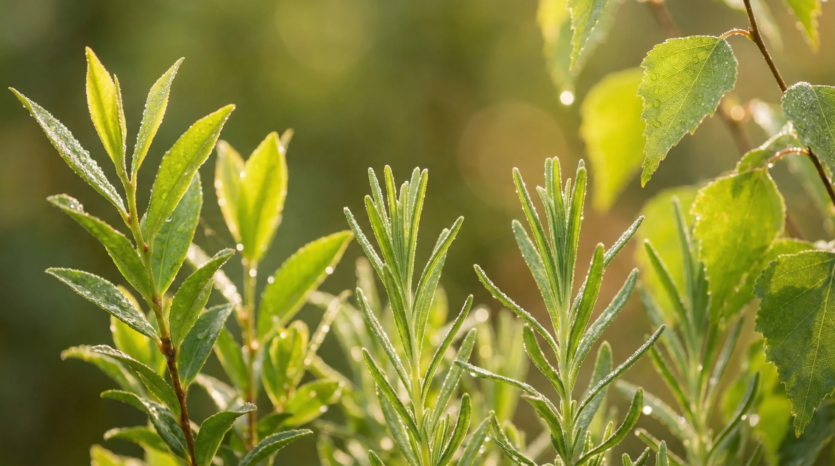 朝露に輝くローズマリーやティーツリーなどの天然ハーブ