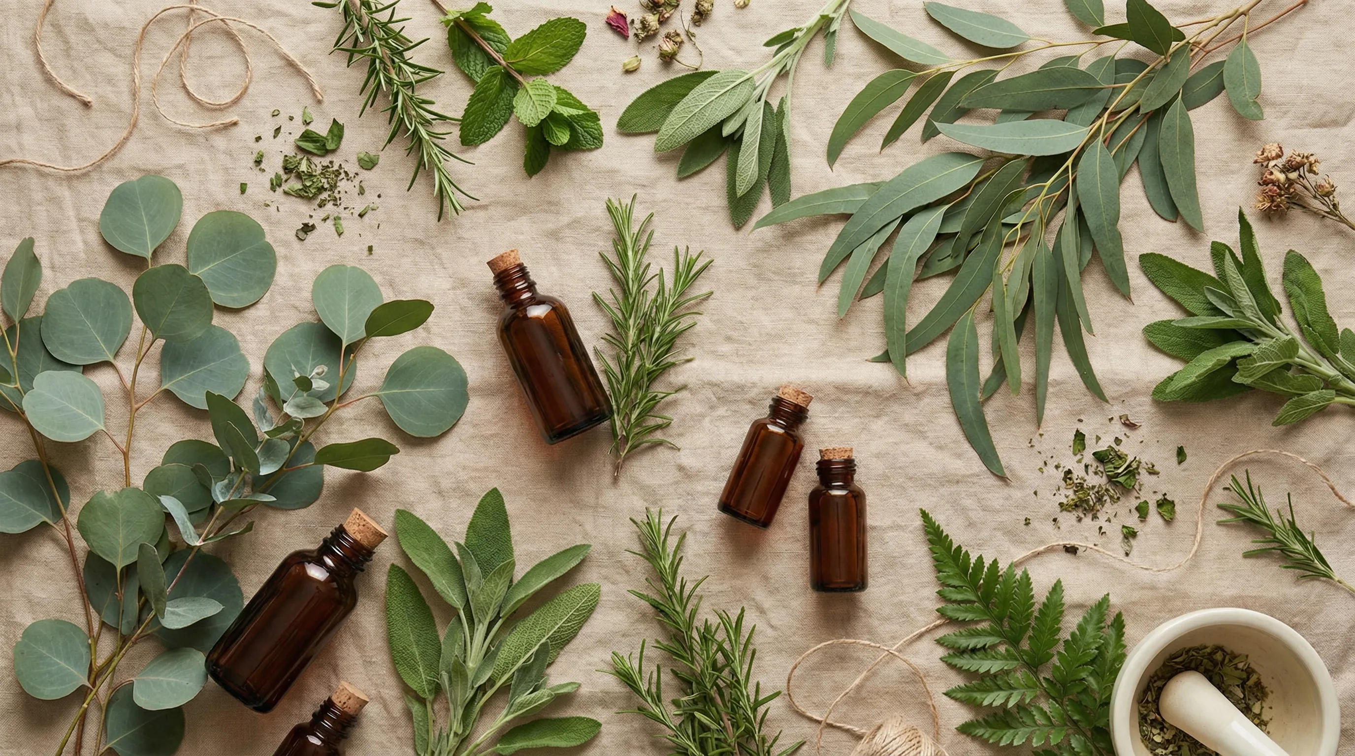 ボタニカルシャンプーの天然素材：ユーカリ、ローズマリー、セージと精油ボトル
