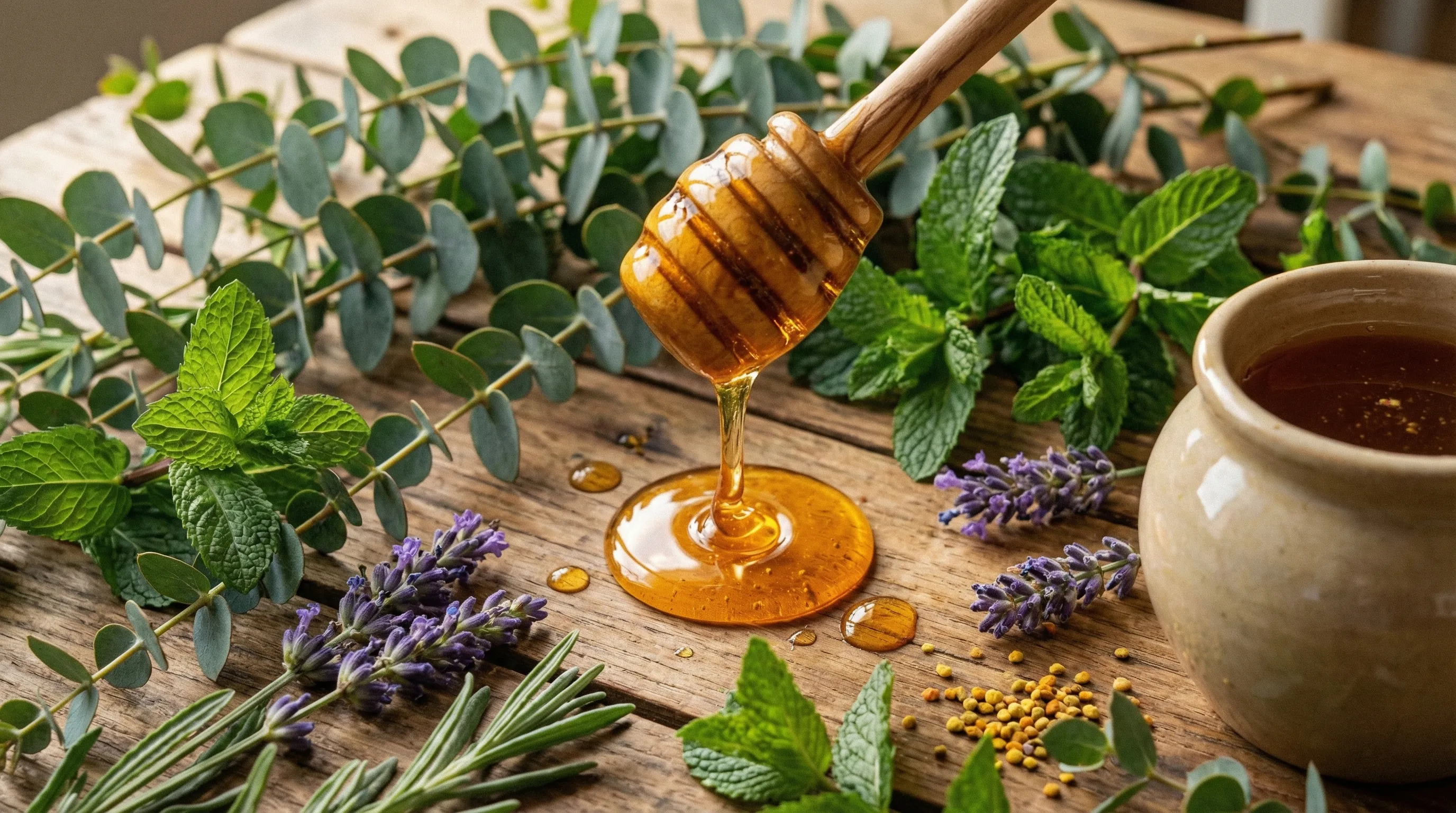 はちみつと天然ハーブ：ミント、ユーカリ、ラベンダーに囲まれた蜂蜜
