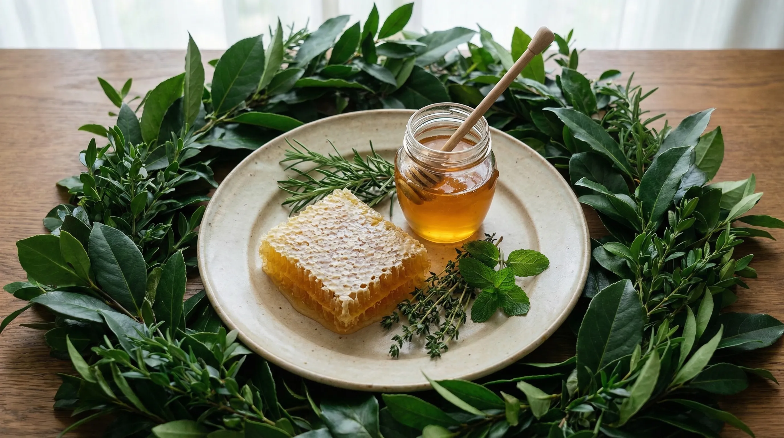 天然の巣蜜とはちみつ瓶、ローズマリーやタイムなどのハーブリース