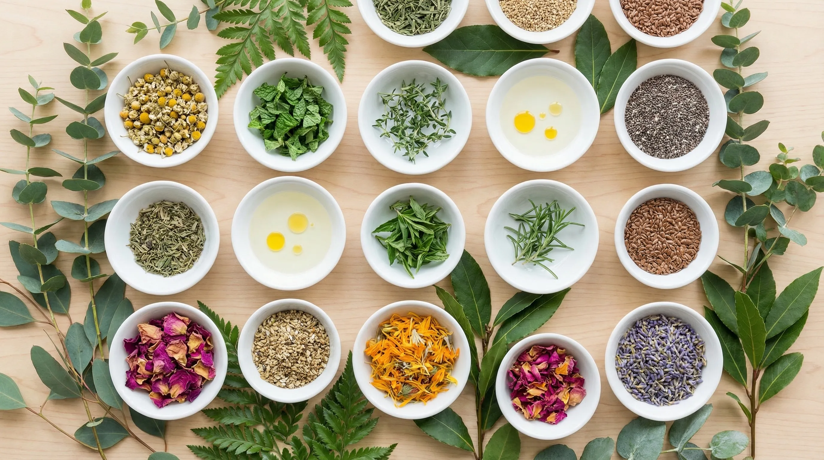 白い器に整然と並べられたカモミール、ローズマリー、ラベンダーなどの天然素材