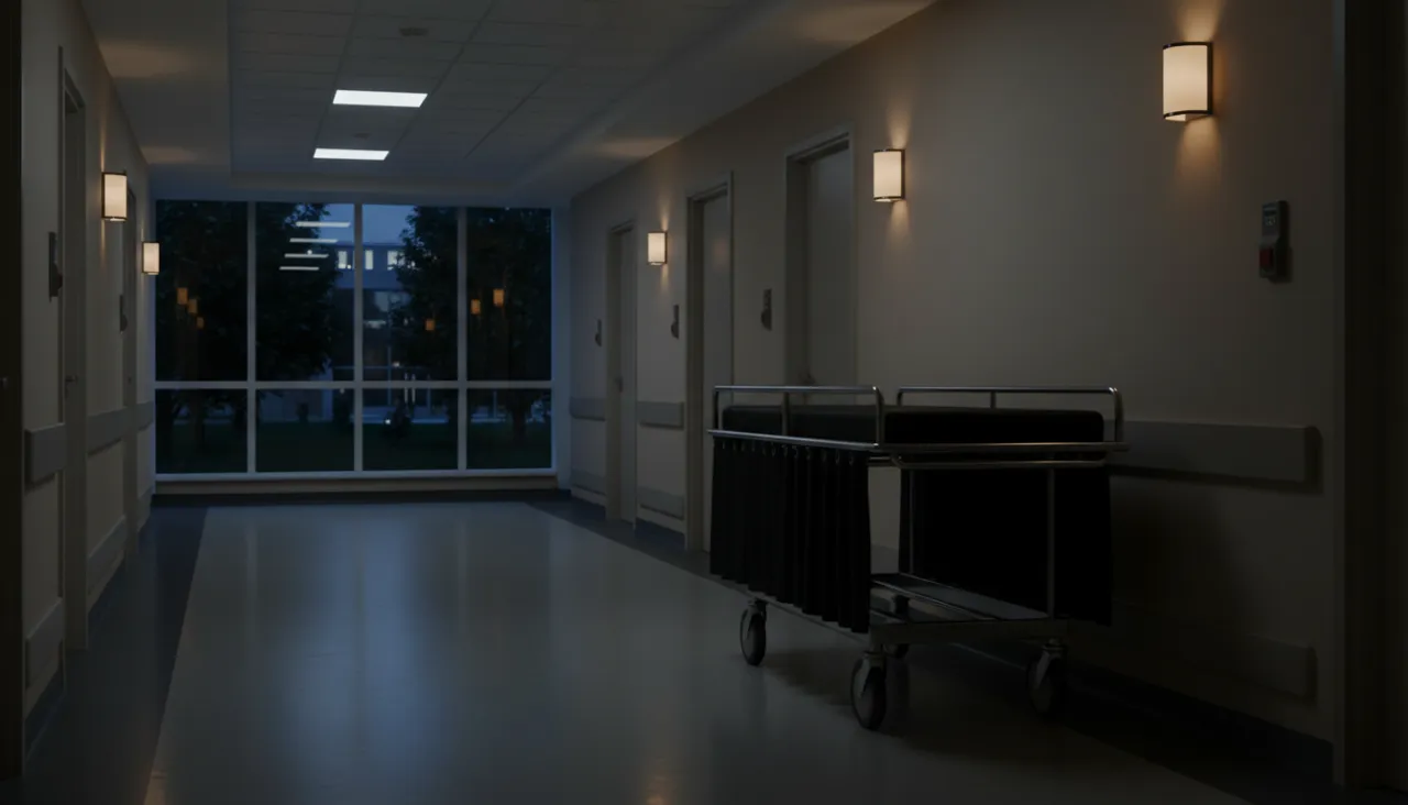 病院の静かな夜の廊下に停められた黒塗りの寝台車が落ち着いた照明に照らされている情景