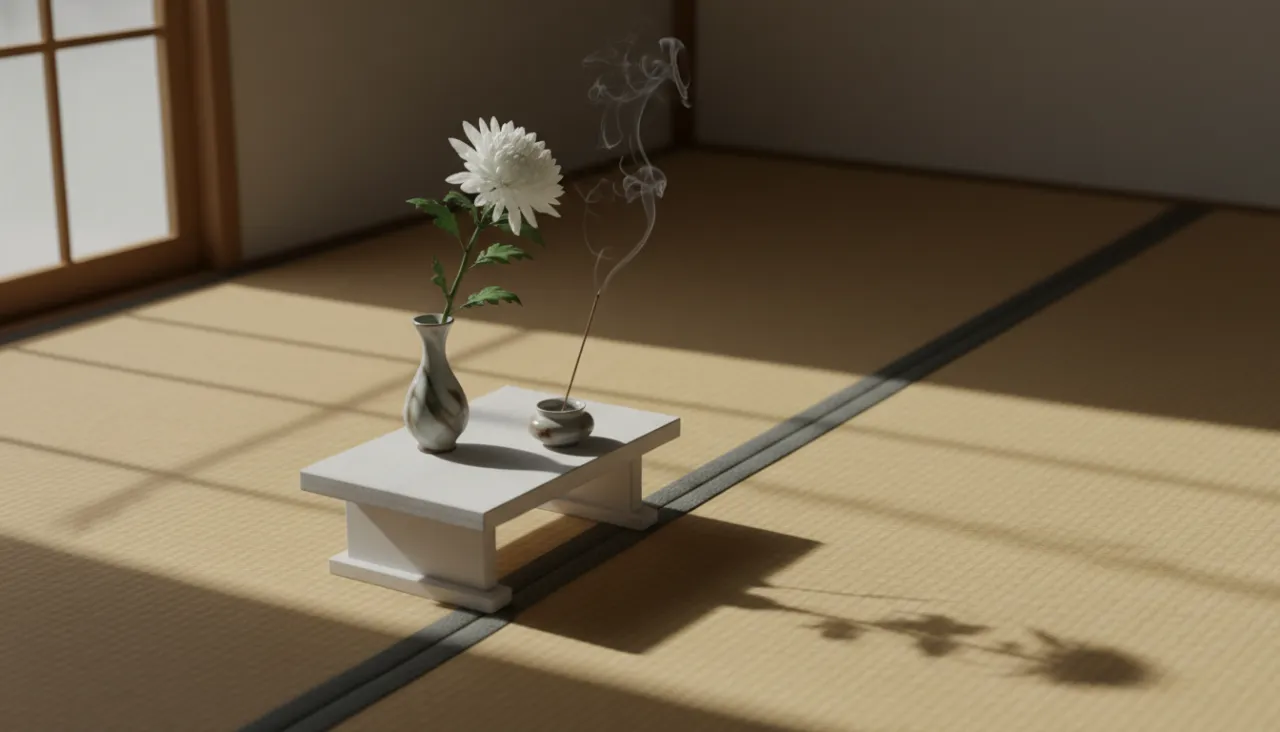 和室の畳に置かれた小さな白木の祭壇に白菊が一輪供えられ線香の煙が静かに立ち上る情景