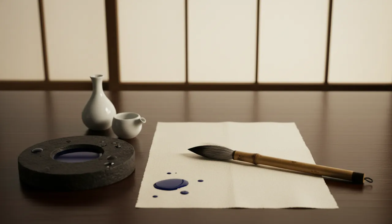 和紙の上に置かれた筆ペンと硯のある落ち着いた和室の風景