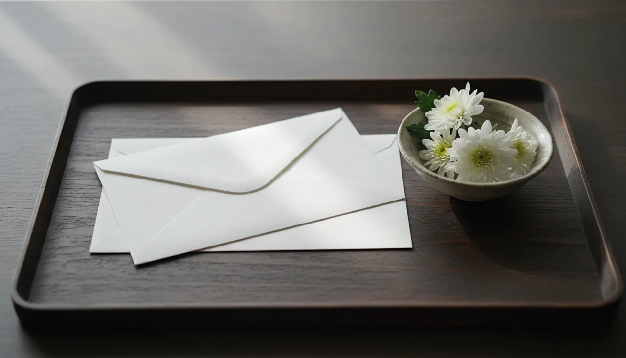 白い菊の花と封筒が木のお盆に置かれた静物