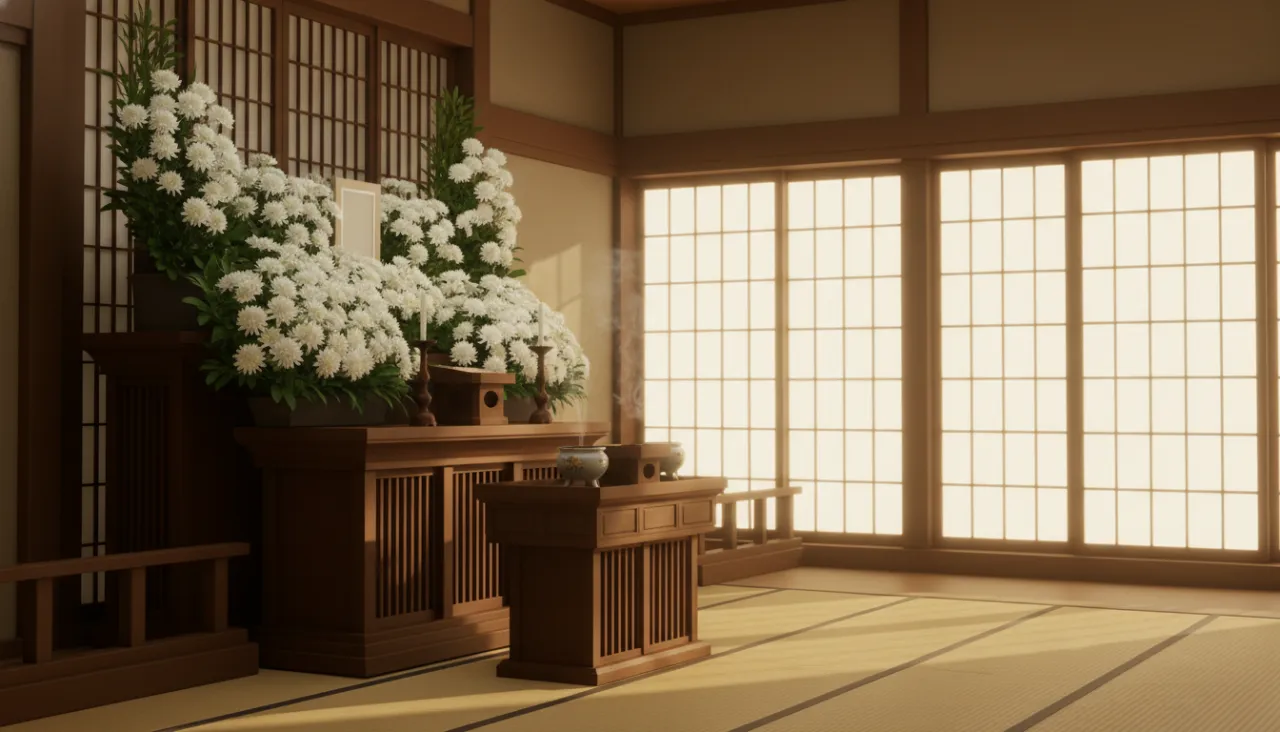 白い菊が飾られた静かな葬儀式場の祭壇