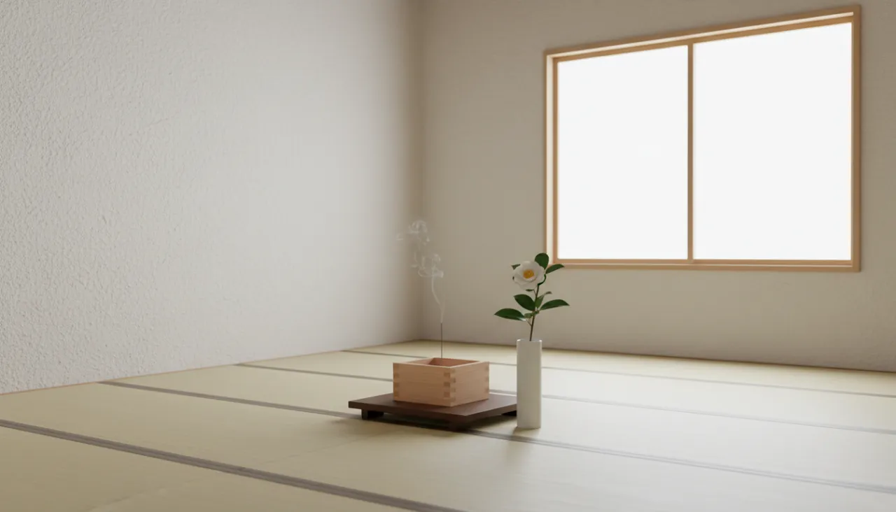 静かな和室と香炉の灯り