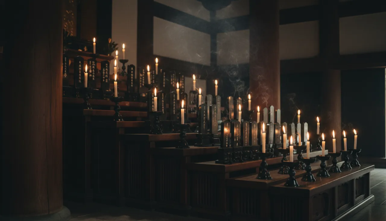 薄暗い寺院の本堂で蝋燭の柔らかな光に照らされた漆塗りの位牌が静かに並ぶ厳かな情景