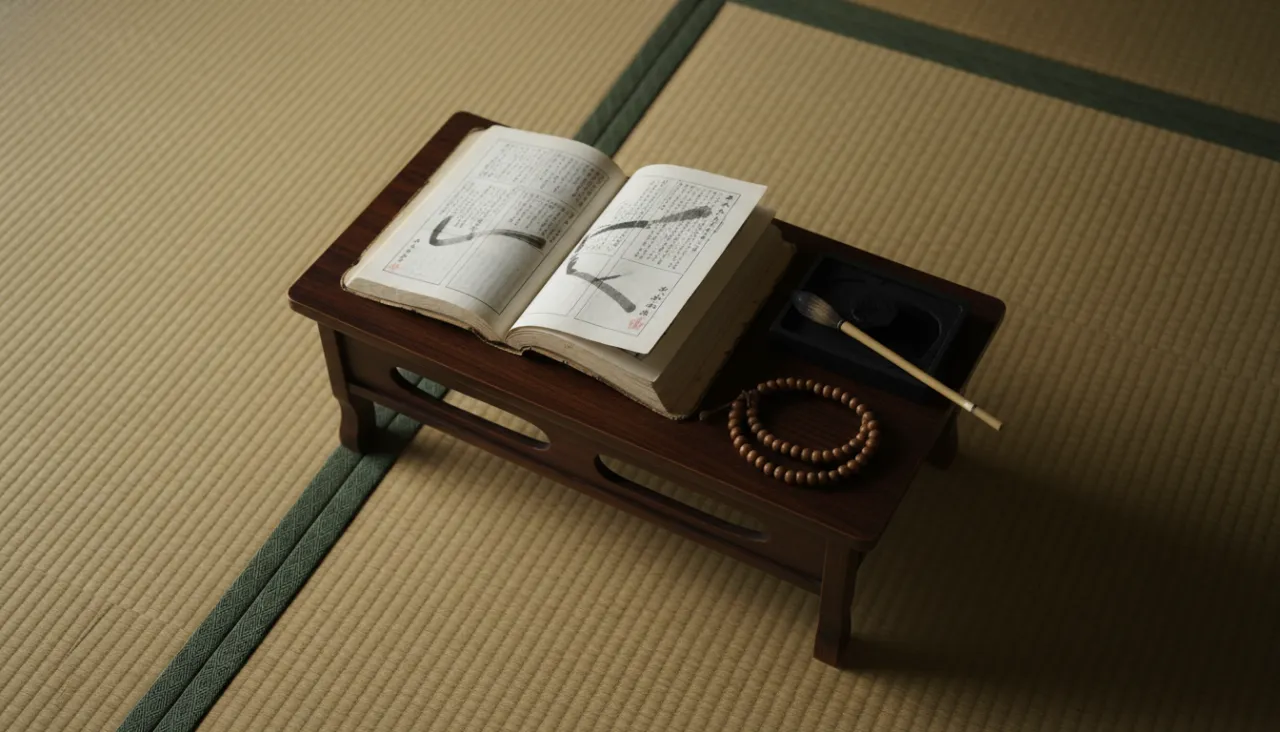 寺院の畳敷きの一室で文机の上に和綴じの経本と数珠、墨と筆が静かに置かれた俯瞰の情景