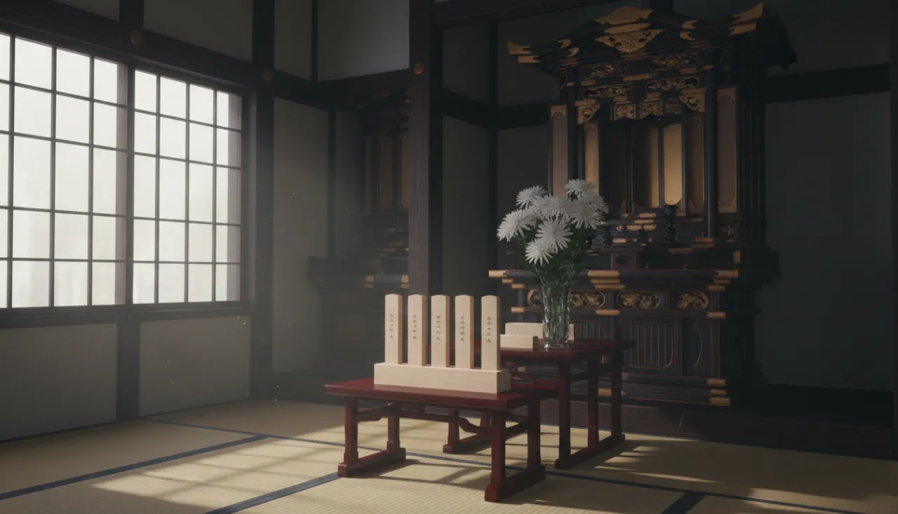 日本家屋の仏間で立派な仏壇の前に新しい白木の位牌と白菊が供えられた静謐な情景