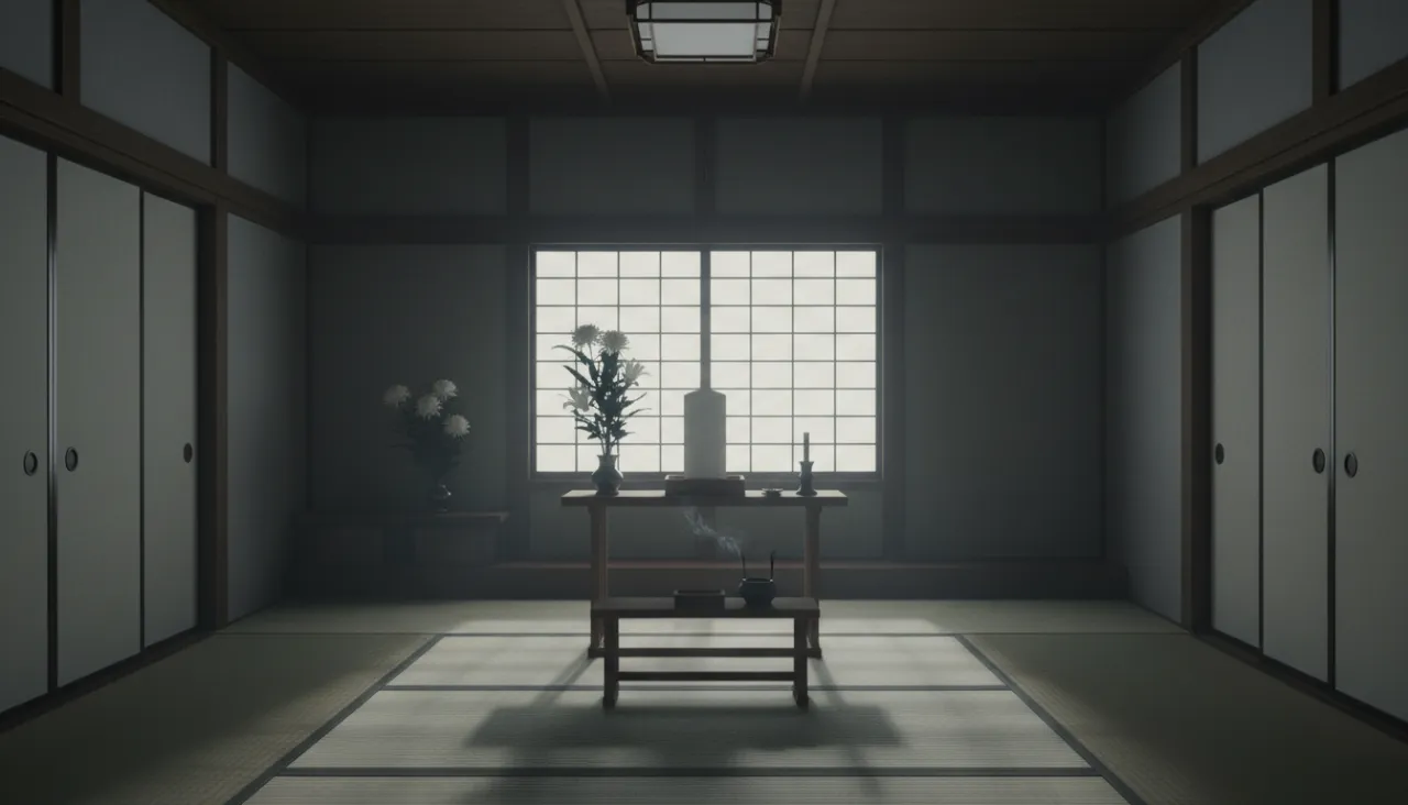 閉じた障子越しに柔らかな光が差し込む和室に、白菊と白百合を添えた小さな家族葬の祭壇が静かに置かれた情景