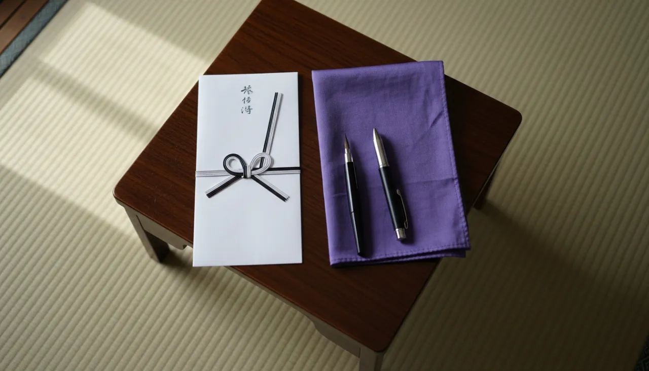 和室の文机の上に白黒水引の不祝儀袋と紫の袱紗、筆ペンが丁寧に並べられた俯瞰の情景