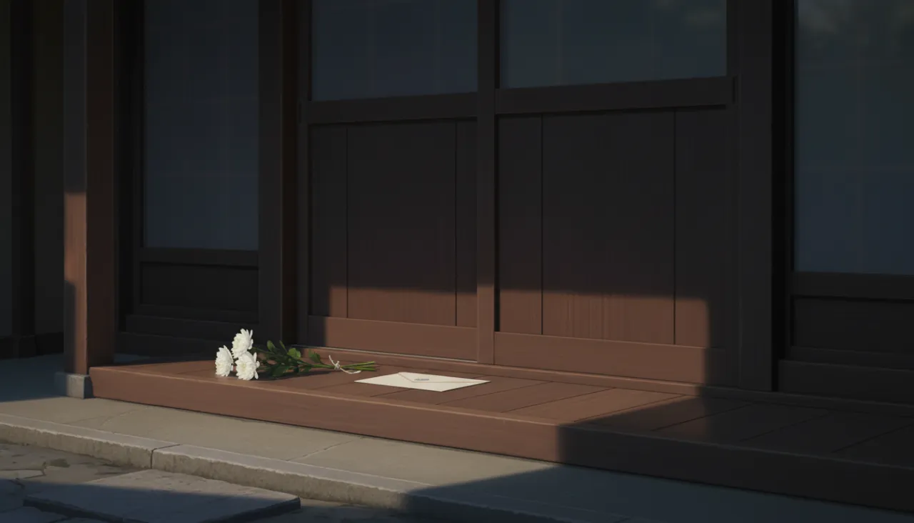 日本家屋の玄関先に白菊の小さな花束と手紙が静かに置かれた夕方の情景