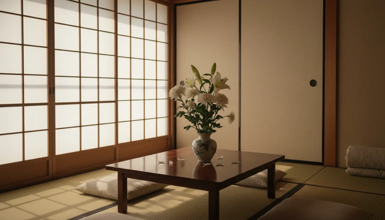 障子から柔らかな光が差し込む和室に白い花が飾られた様子