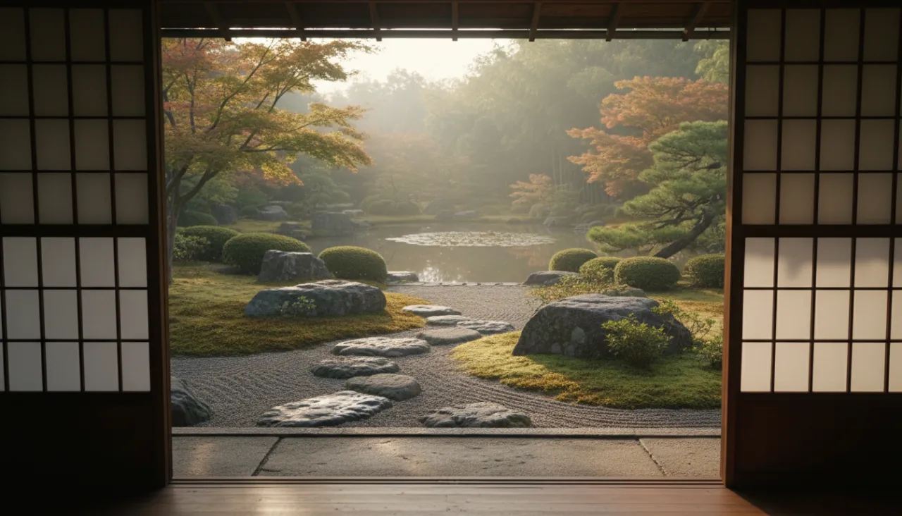 朝露に濡れた苔と石畳のある日本庭園