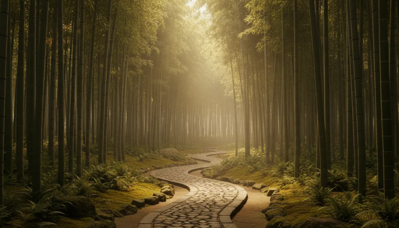 木漏れ日が差す竹林の小道