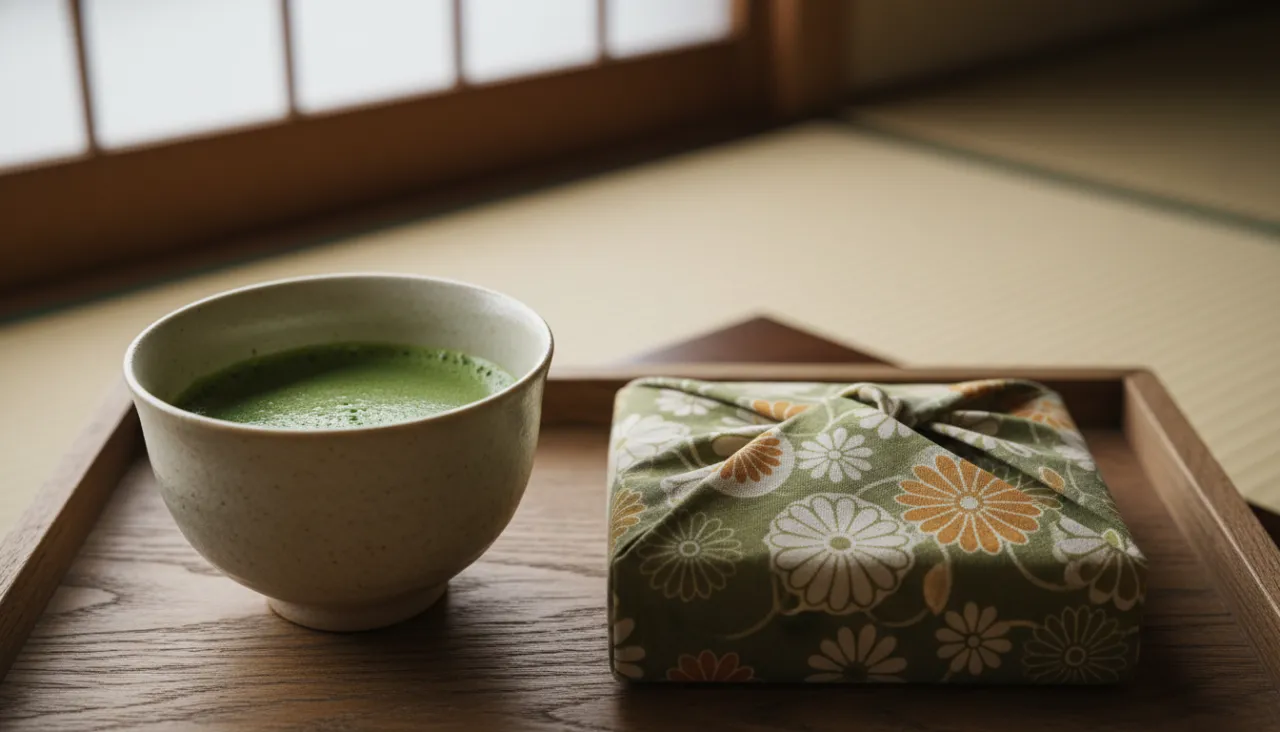 風呂敷と湯呑みが置かれた木の盆