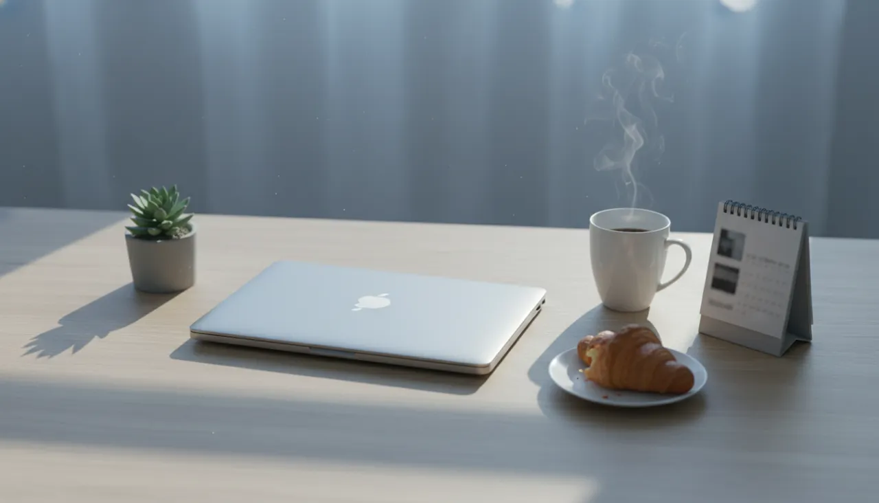 静かな朝のオフィスデスクに閉じたノートパソコンと卓上カレンダー、白いマグカップが置かれた俯瞰の情景
