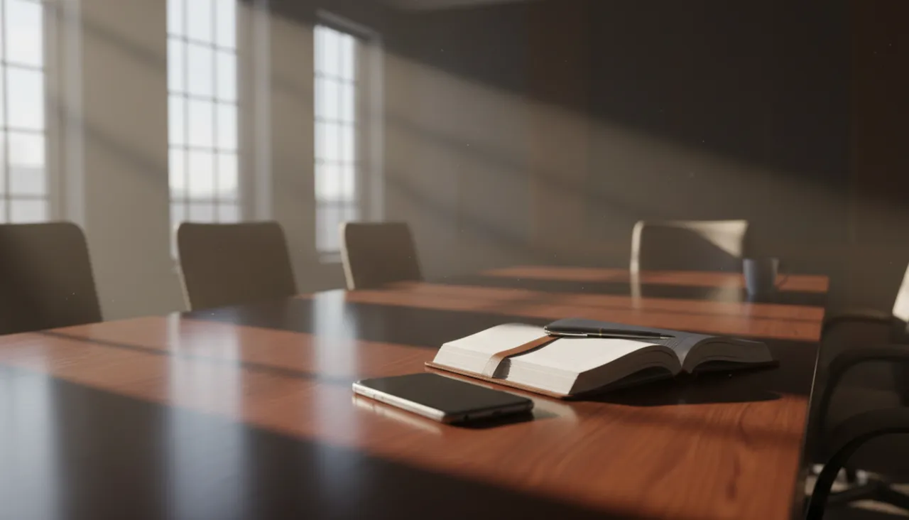 暗めの会議室の机に置かれたスマートフォンとビジネス手帳に朝の柔らかな光が差し込む情景