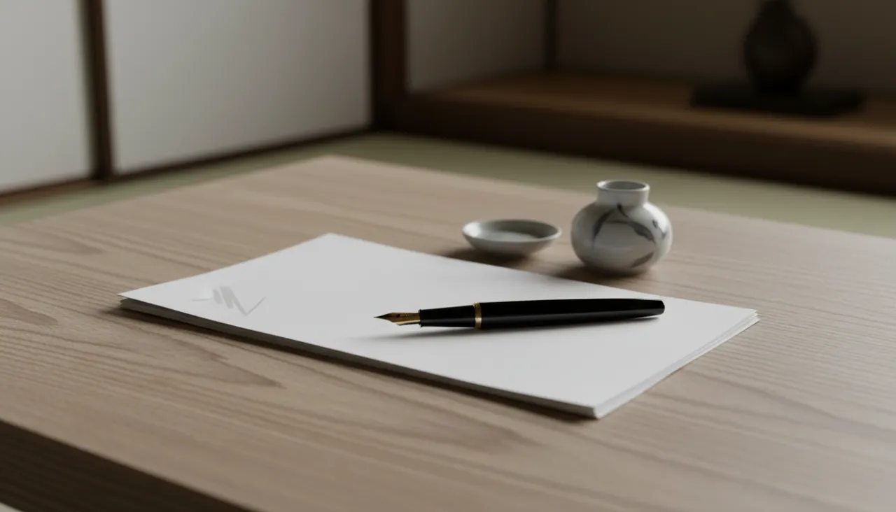 木目のテーブルに置かれた白い便箋と万年筆が薄墨の落ち着いた光に照らされた情景