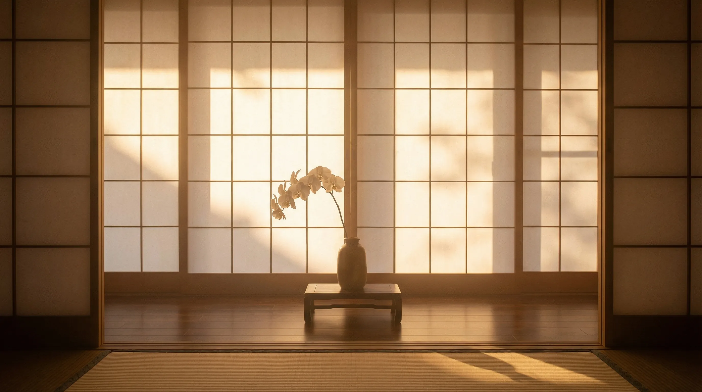 障子からやわらかな西日が差し込む、静かな和室の情景