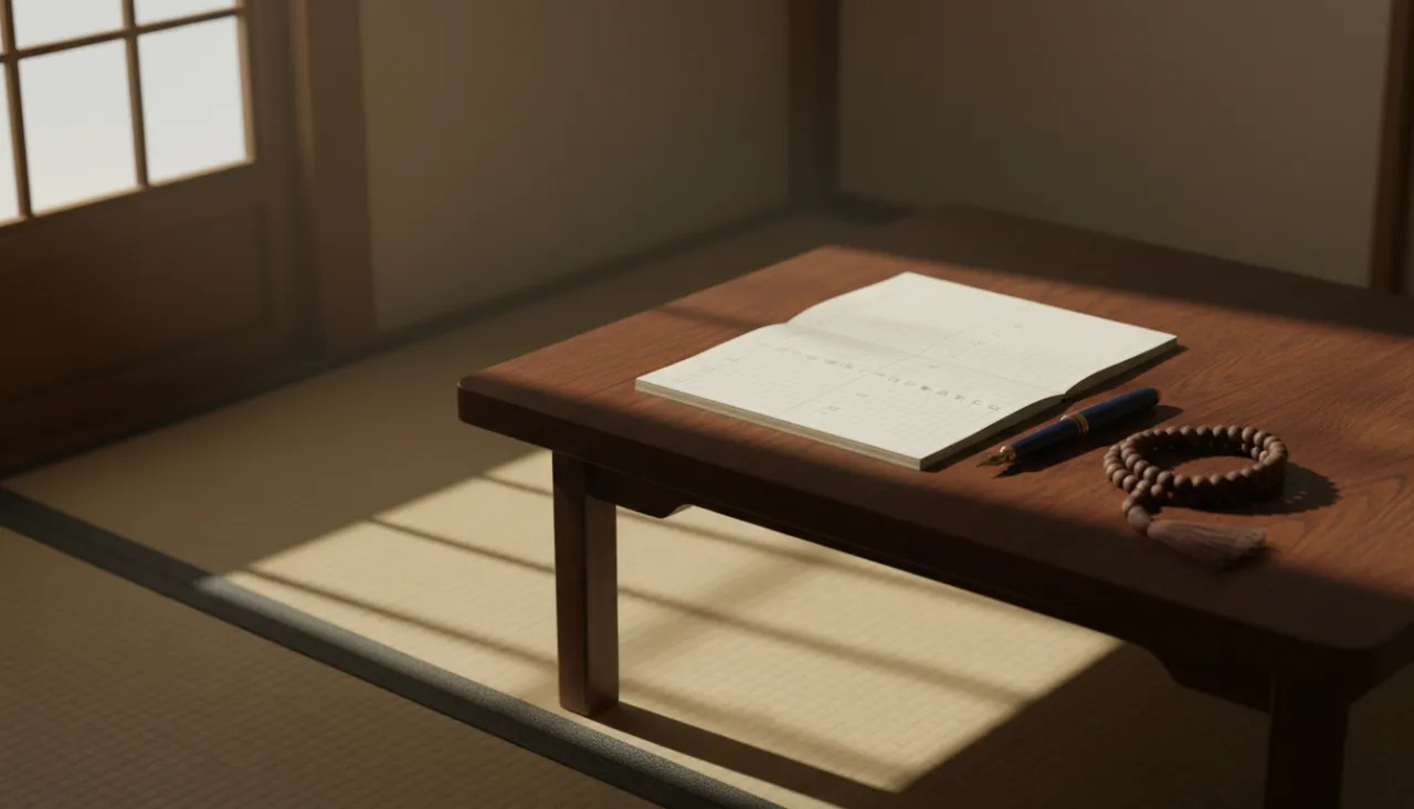 和室の机に置かれたチェックリストのノートと万年筆、数珠の静物
