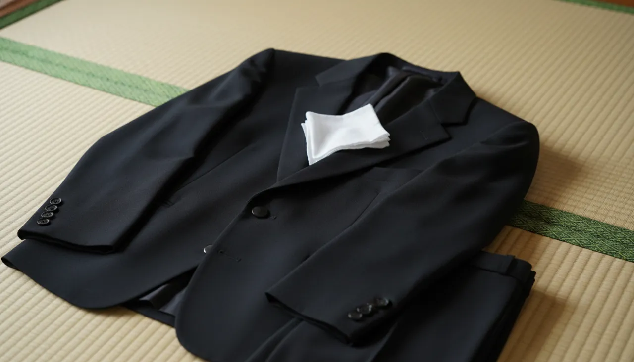 畳の上に置かれた黒い礼服と白いハンカチの静物