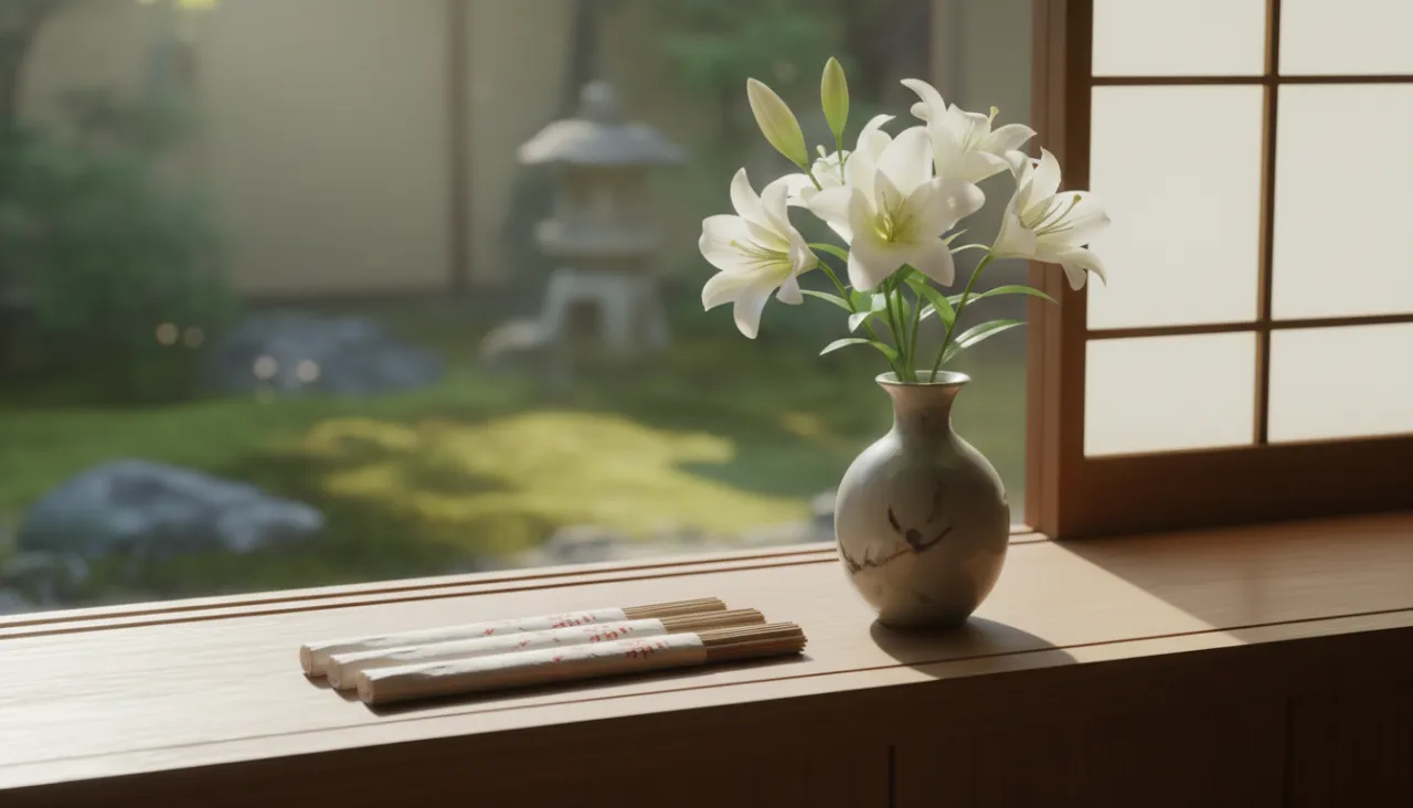 窓辺の白い百合の花と和紙に包まれた線香の静物