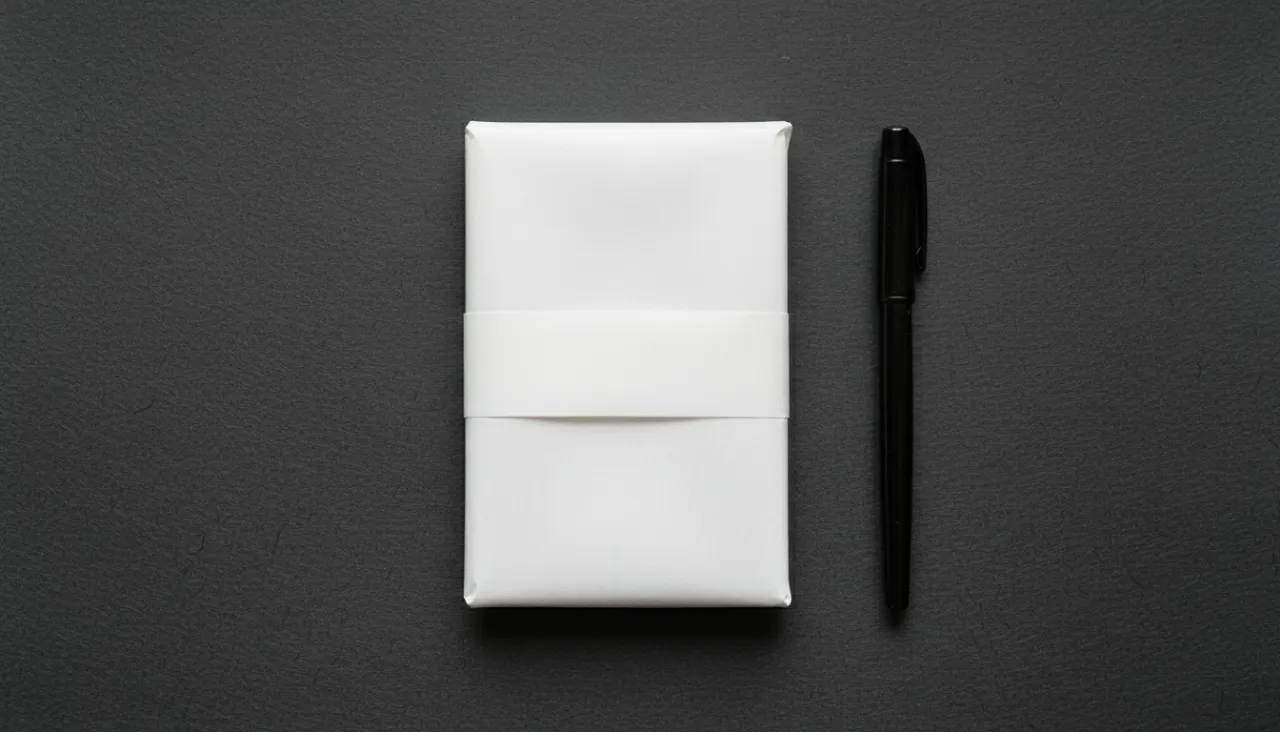 白い奉書紙の包みと黒い筆ペンが和紙の上に静かに置かれた俯瞰の静物