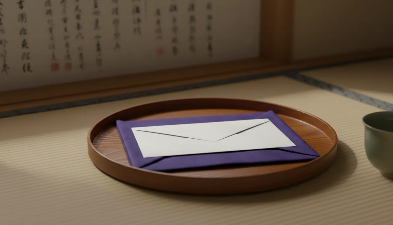 紫色の袱紗に包まれた白い封筒が木製の小さな盆の上に置かれた静物
