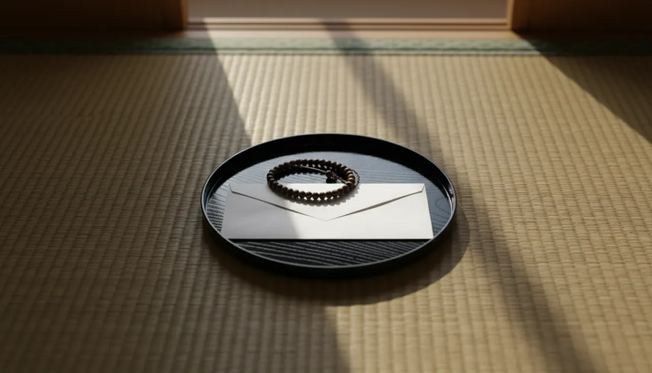 和室の畳の上に黒漆の盆と数珠、白い封筒が置かれた俯瞰の静物
