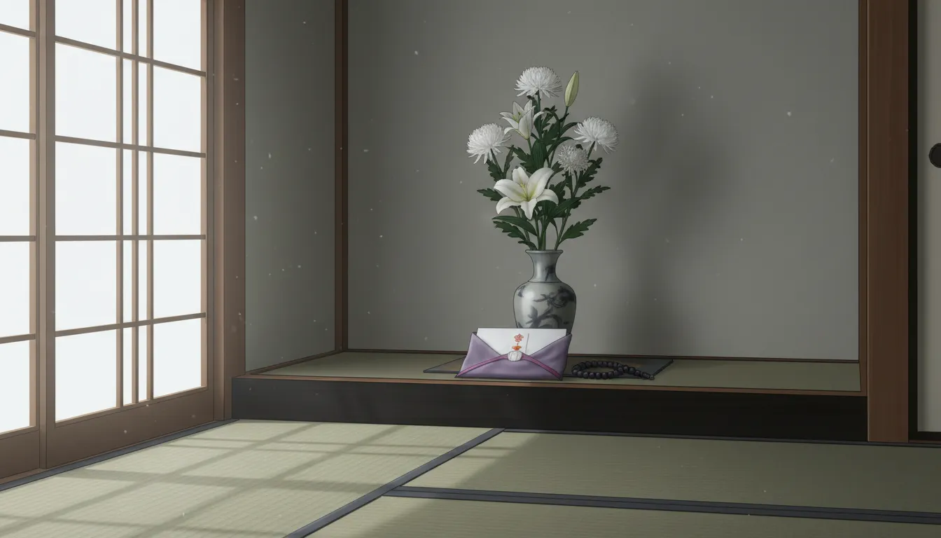 静かな和室の床の間に白菊と白百合が活けられ、袱紗に包まれた香典袋と数珠が置かれた情景