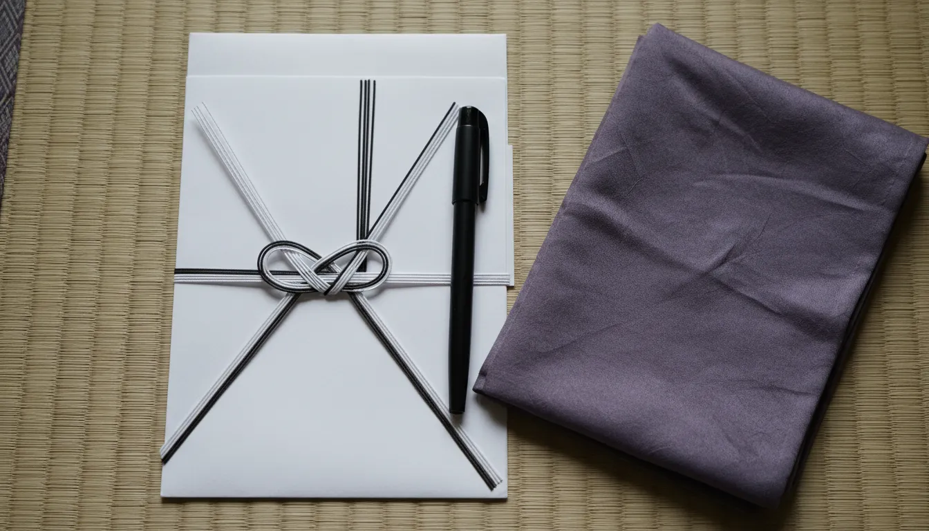畳の上に置かれた白黒水引の不祝儀袋と筆ペン、袱紗の俯瞰