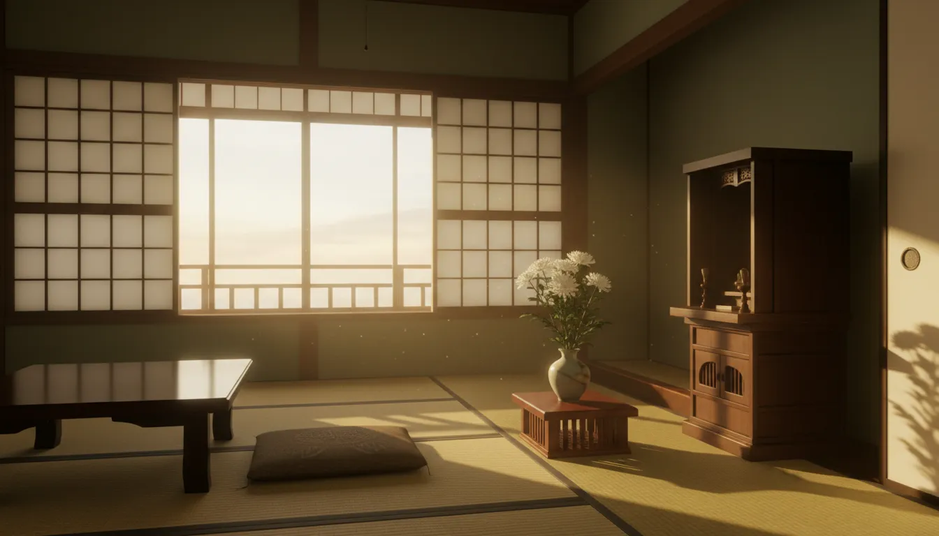 障子から西日が差し込む和室に仏壇と白菊が置かれた静謐な情景