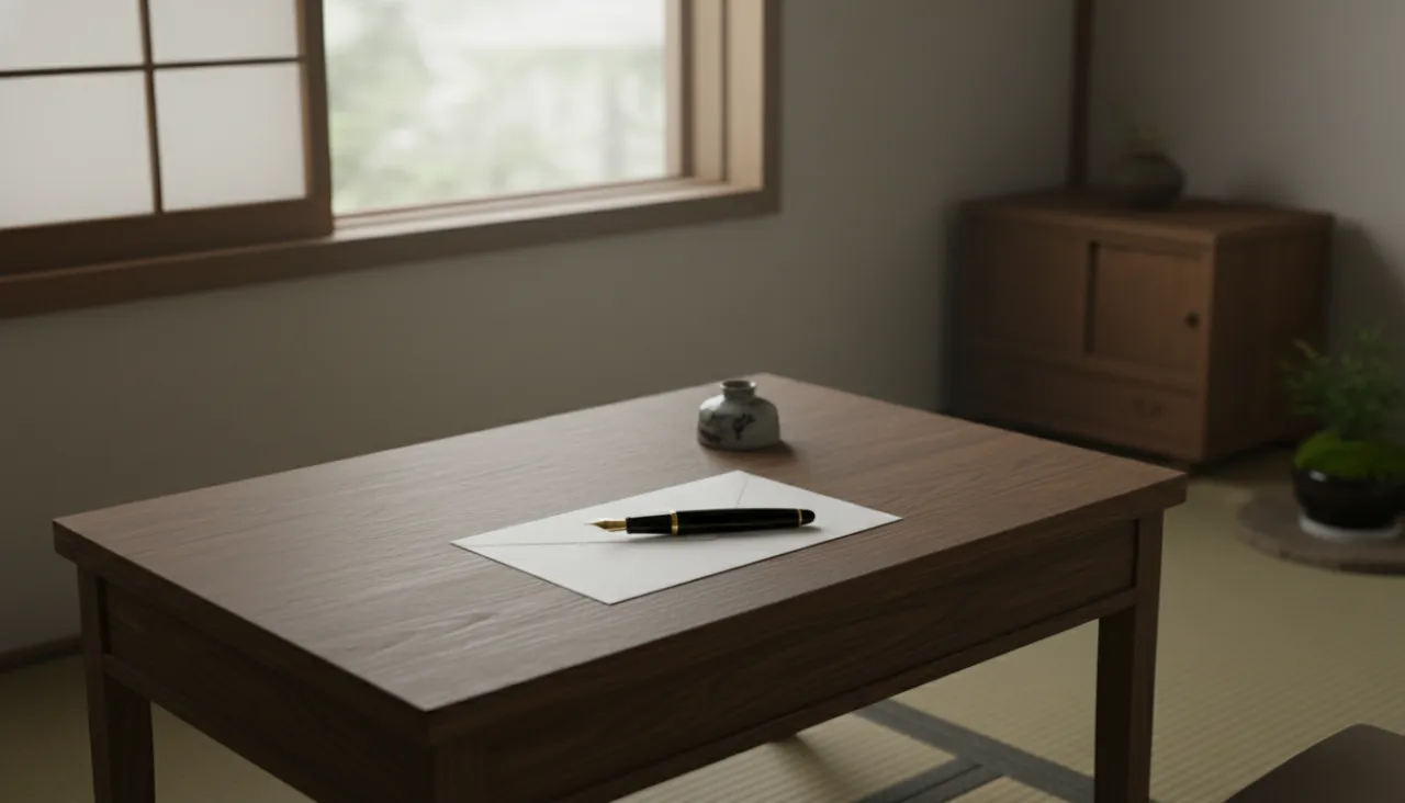 和室の窓辺に置かれた白い封筒と万年筆の静物