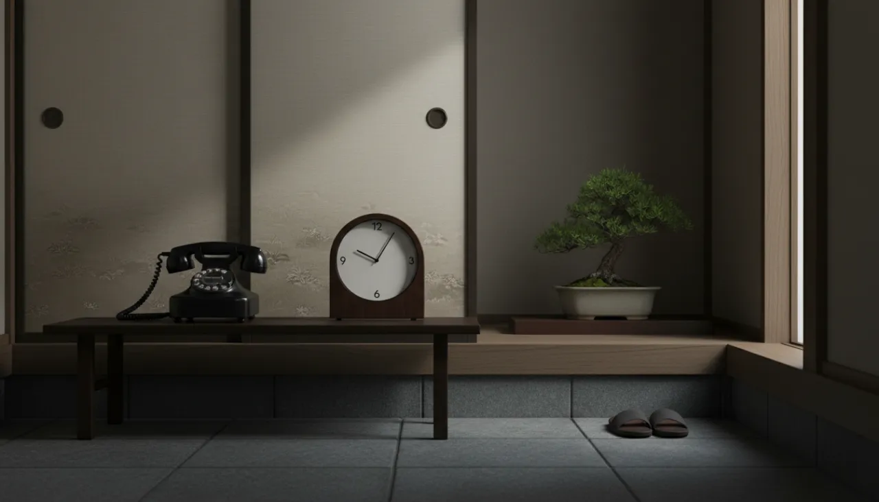 和風の玄関先に置かれた黒い電話機と時計の静物
