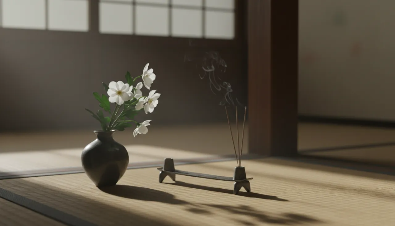 和室の畳の上に置かれた白い花と線香立ての静物