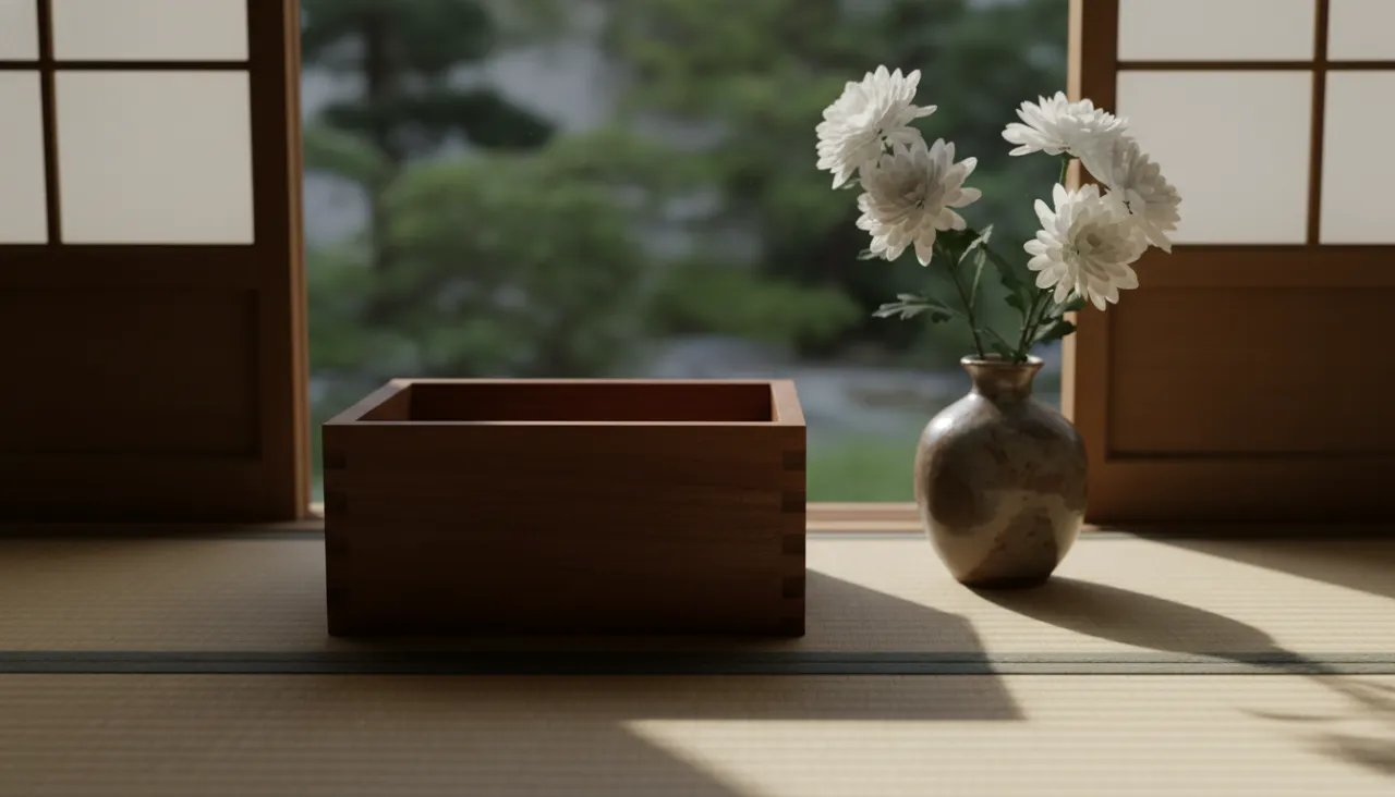 和室の窓辺の木箱と白い菊の静物