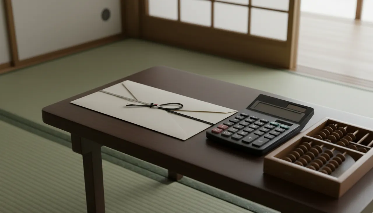 和室の机に置かれた電卓と葬儀の案内封筒の静物