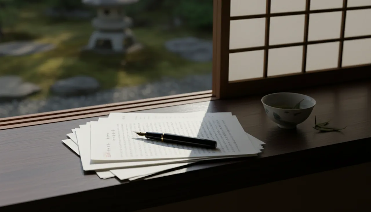 窓辺の書類と万年筆の静物