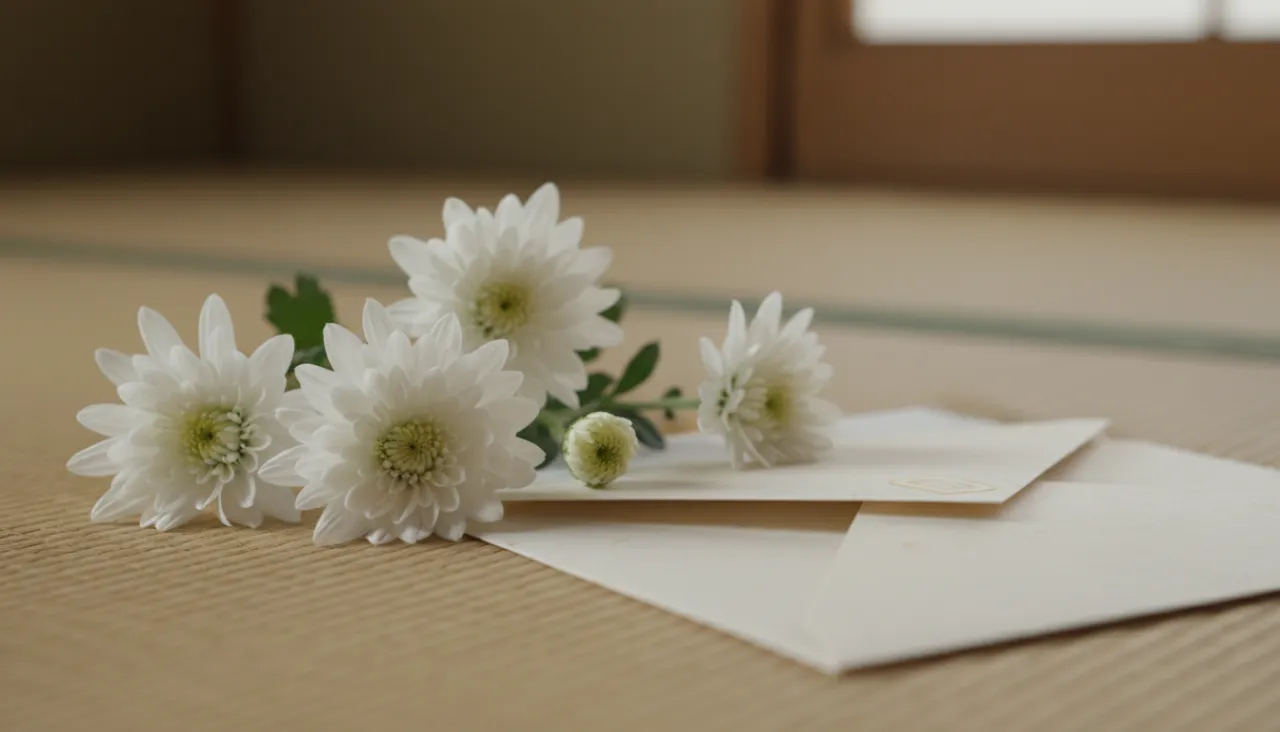 畳に置かれた白い菊の花と和紙の封筒